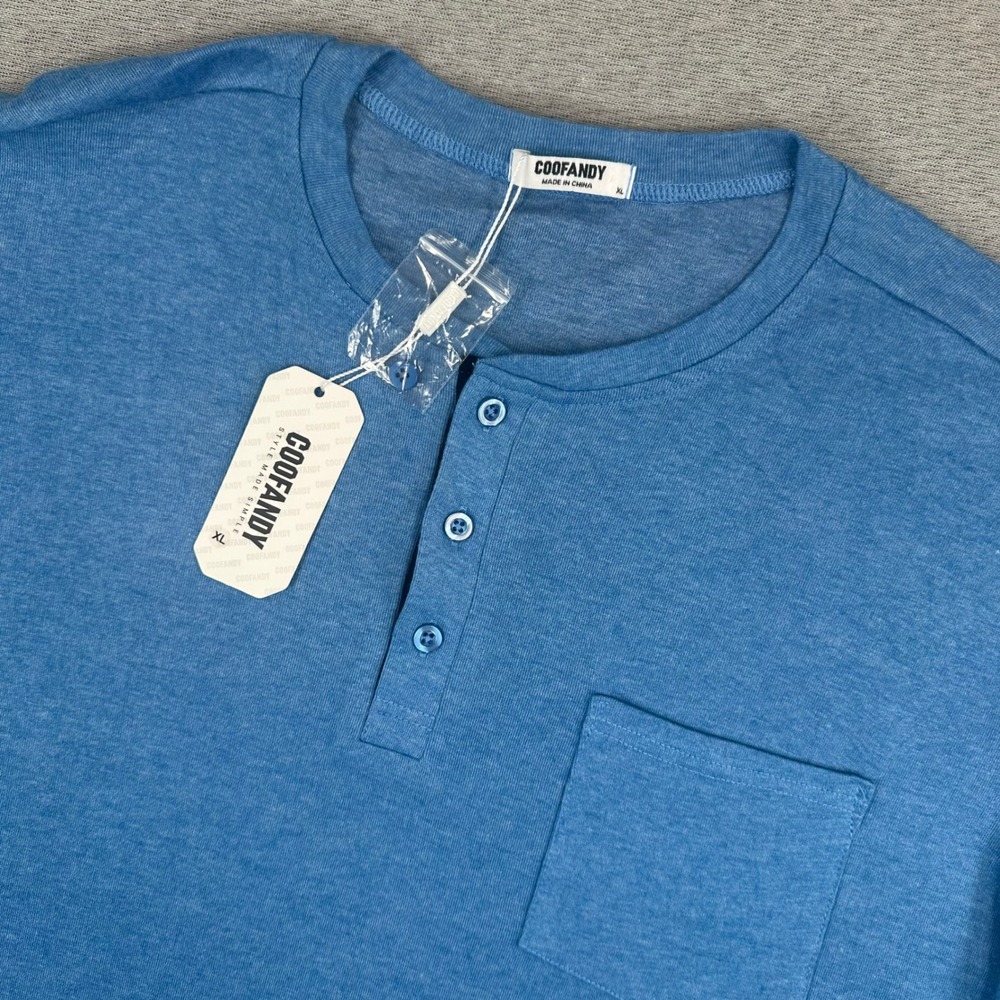 COOFANDY Henley Shirt Mens XL Short Sleeve Blue Heathered Pocket Tee NEW